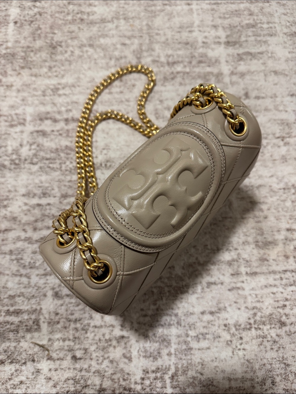 Tory Burch Quilted Taupe Leather Chain Shoulder Bag